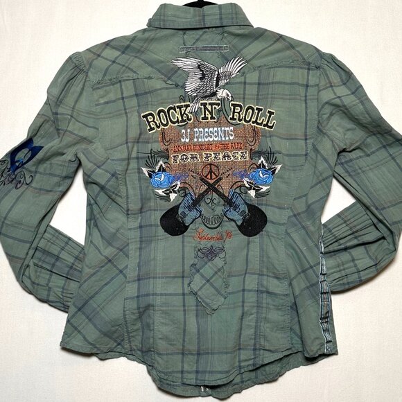 3J Workshop Johnny Was Embroidered Plaid Snap Shirt Green M Y2K Rock N Roll - Picture 2 of 12